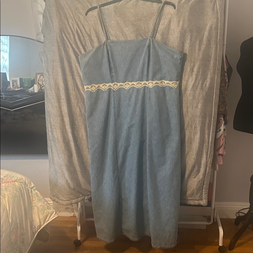 Chic Denim Dress with Lace Accent